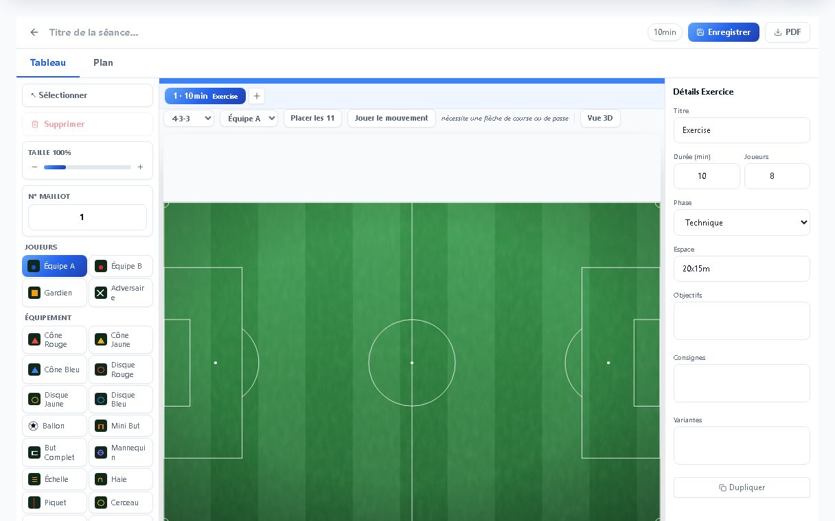 Créateur de séance Football Hub avec un schéma d’exercice et ses détails