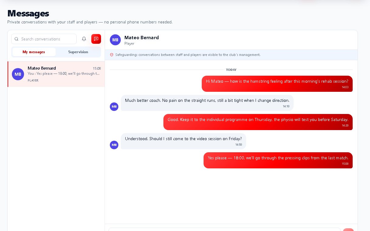 Football Hub messages with a private conversation between a coach and a player