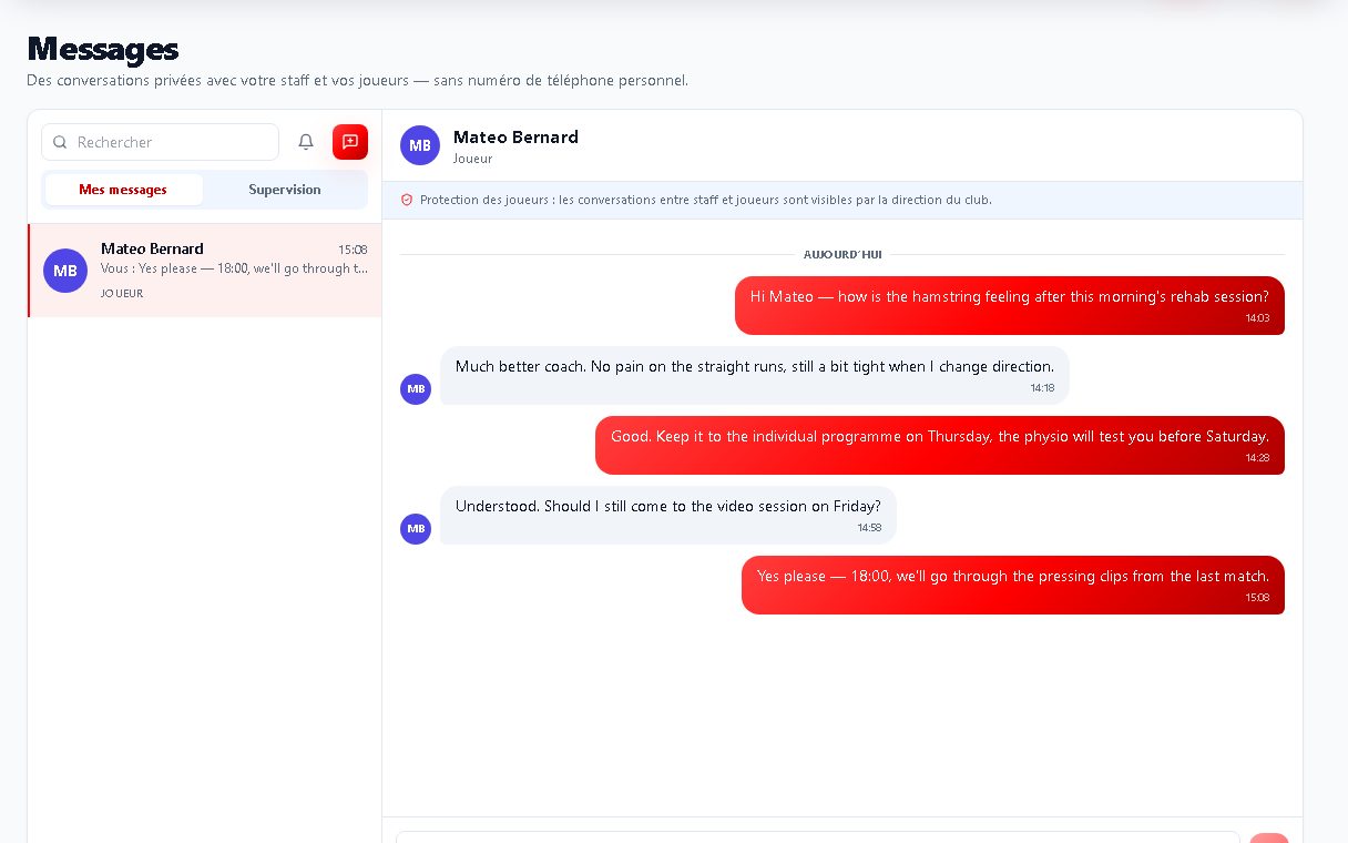 Messages Football Hub avec une conversation privée entre un entraîneur et un joueur