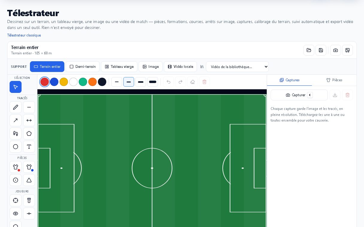 Télestrateur Football Hub avec les outils de dessin autour d’un terrain